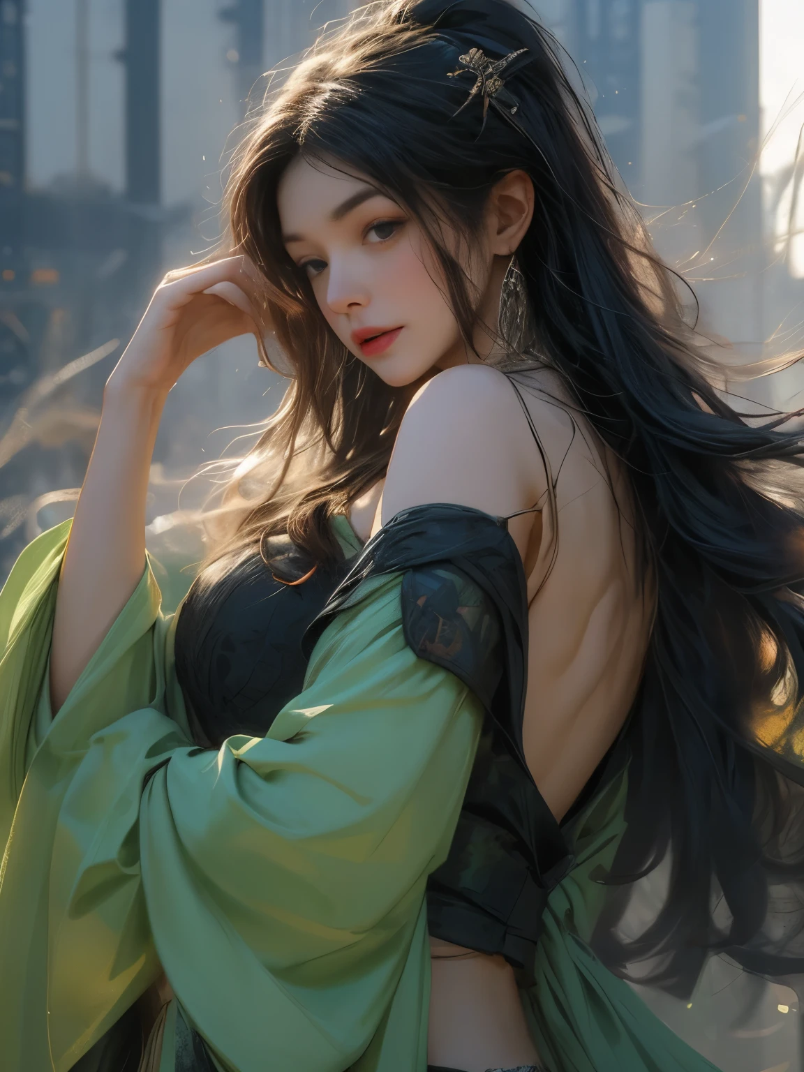 8K resolution, masterpiece, Highest quality, Award-winning works, unrealistic, Only sexy women, healthy shaped body, Age 25, White wavy long hair, hair band, huge firm bouncing busts, witch, royal coat of arms, elegant, Very detailed, Digital Painting, artステーション, コンセプトart, Smooth, Sharp focus, shape, artジャム、Greg Rutkowski、Alphonse Mucha、William Adolphe Bouguereau、art：Stephanie Law , Magnificent cosmic background, Royal Jewel, nature, Full Shot, Symmetric, Greg Rutkowski, Charlie Bowwater, beep, Unreal 5, Surreal, Dynamic Lighting, ファンタジーart, Complex colors, カラフルなmagic陣, magic, Small face, Very delicate facial expressions, Delicate eye depiction, Upper body close-up,, , dynamic sexy poses, One sexy woman, Healthy body shape, 24-year-old woman, doaxvv_marie rose, witch, Height: 170cm, big firm bouncing busts, , blonde very long wavy hair, twin tail,, Glaring at the camera, Looking up, Invincible laughter, A complex, gothic-style long dress, , Green long skirt, garter belt, Brown Loafers, Standing Alone