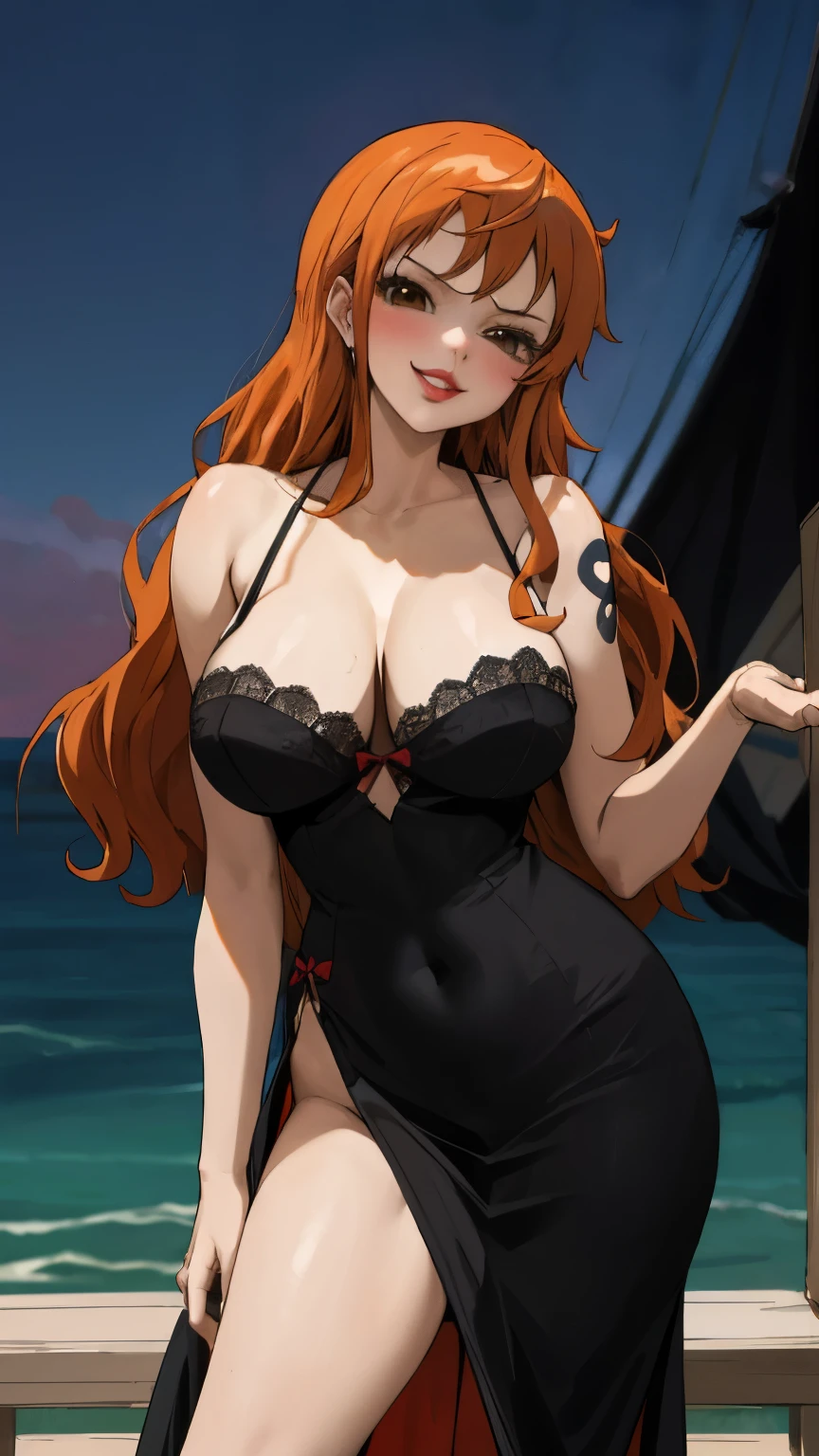 masterpiece, best quality, ultra-detailed, 1girl (namiop, Big and pretty breasts, , dark skin, blonde hair, long hair, brown eyes), a seductive face, smirk, parted lips, mascara, full makeup, red lipstick, solo, black evening dress,lace dress, long dress, cleavage, bows, wanostyle, night time, sea,ship, standing, Sexy waist teasing, a provocative pose,