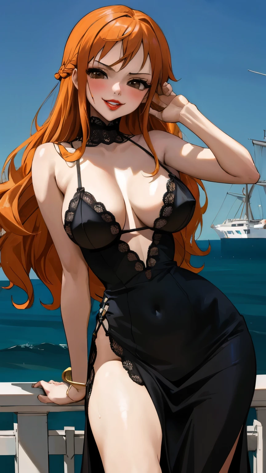 masterpiece, best quality, ultra-detailed, 1girl (namiop, Big and pretty breasts, , dark skin, blonde hair, long hair, brown eyes), a seductive face, smirk, parted lips, mascara, full makeup, red lipstick, solo, black evening dress,lace dress, long dress, cleavage, bows, wanostyle, night time, sea,ship, standing, Sexy waist teasing, a provocative pose,