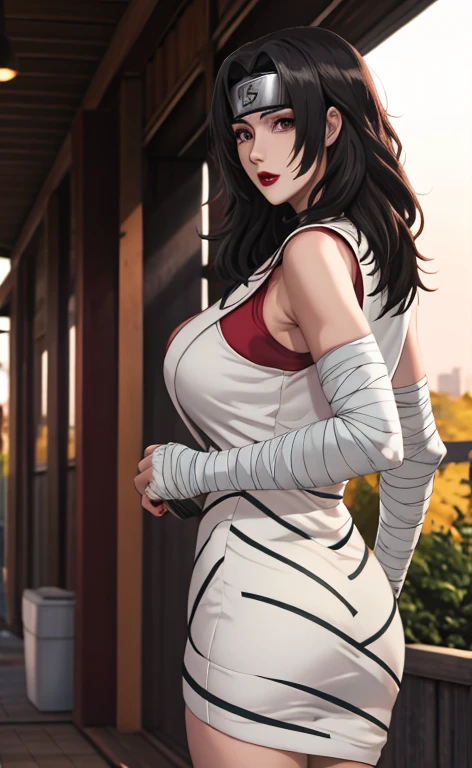 outdoors, lens flare, depth of field, bokeh, vanishing point, solo, looking at viewer,((masterpiece, best quality)), BREAK 
NinjaWhiteDress_KurenaiYuhi_ownwaifu,  
1girl, forehead protector, black hair, long hair, red eyes, makeup, lipstick, konohagakure symbol, red lips, large breasts,  
white dress,  asymmetrical sleeves, fishnet top, long sleeves, bandaged arm, bandaged hand, sleeveless, bandaged leg, cleavage, single sleeve, vest,  collarbone, 
(contrapposto, looking back)insaneres, absurdres,