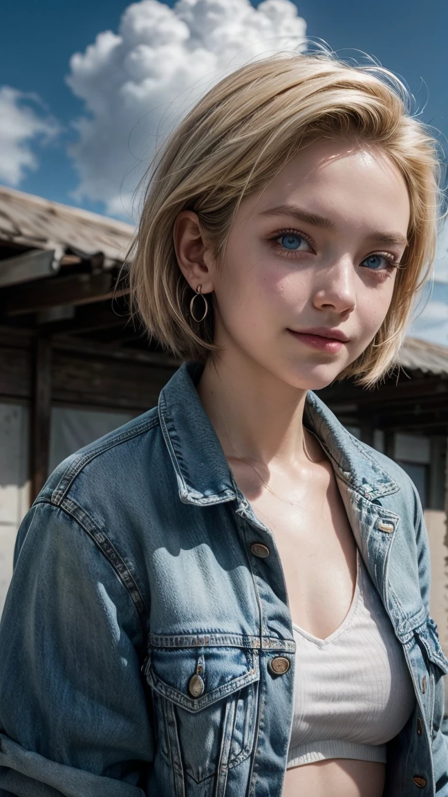 One girl, alone, Android 18, Blonde, blue eyes, short hair, jewelry, Earrings, smile, Jacket, Look to the side, denim, denim Jacket, Upper Body, lingerie, Mouth closed, cloud, null, Day, avert your eyes, blue null, 1 collarb,
