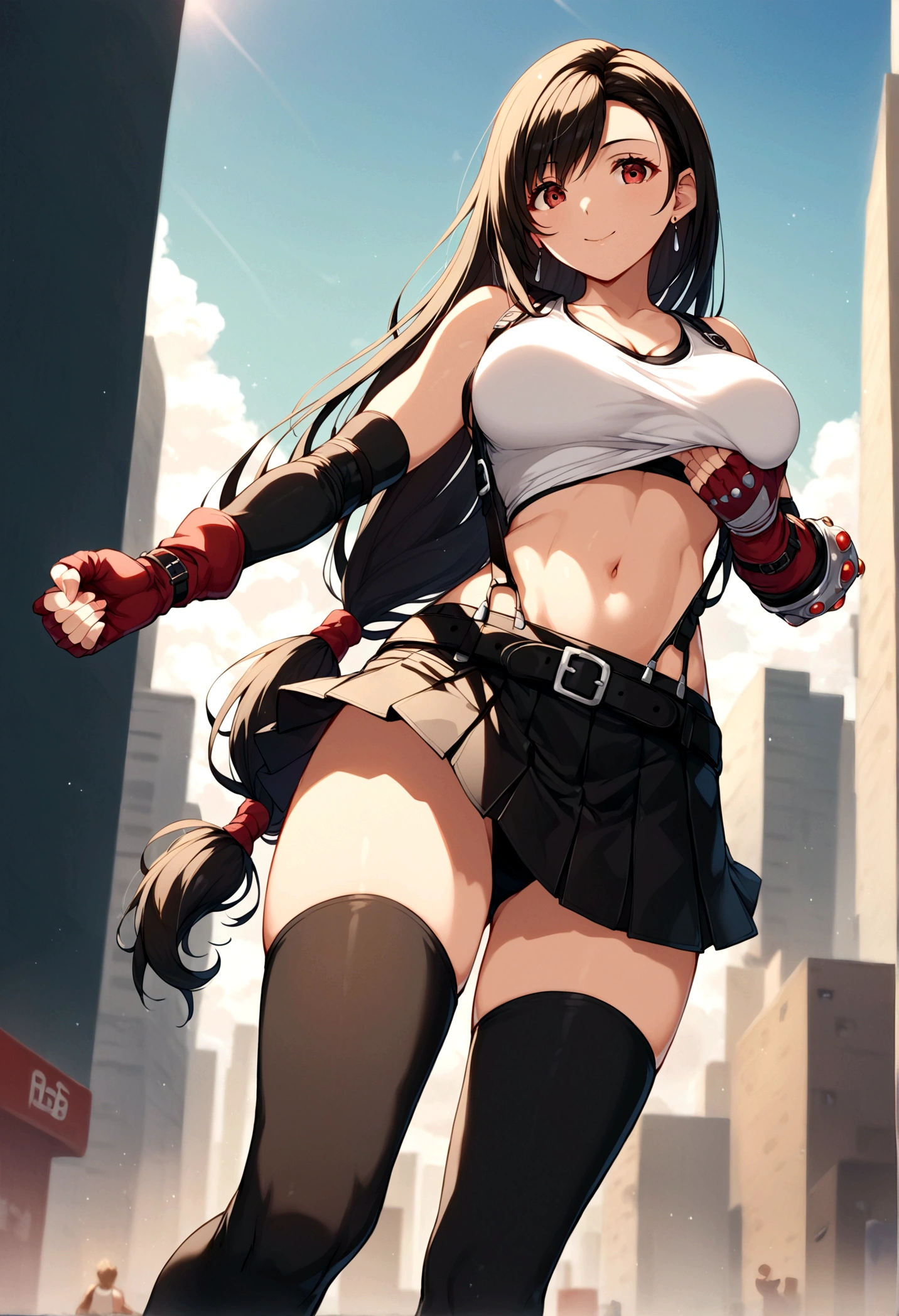 score_9, score_8_up, score_7_up, score_6_up, score_5_up,,rating_safe. BREAK , (from front.from front,below view ,feet focus,standing,straight-on,,(upperbody),looking_at_viewer ,1girl, tifa lockhart, final fantasy, tareme,black hair, low-tied long hair, red eyes, bangs, (white tank top, belt, pleated skirt, thighhighs, elbow fingerless gloves, elbow pads, midriff, navel,suspender skirt) ,large_breasts,(light smile),,,Solo,,(daytime and beachside and city),(best quality),(aesthetic,very aesthetic),,highly detailed,,depth of field,,professional lighting,cinematic lighting, dancing breast,running,