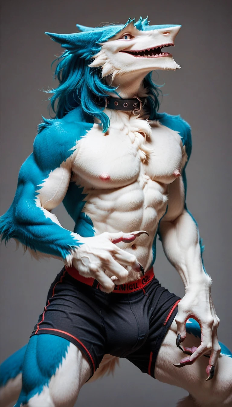 white sergal with buff athletic build, giant bulge in boxers,, with collars and straps, dynamic pose, by darkgem