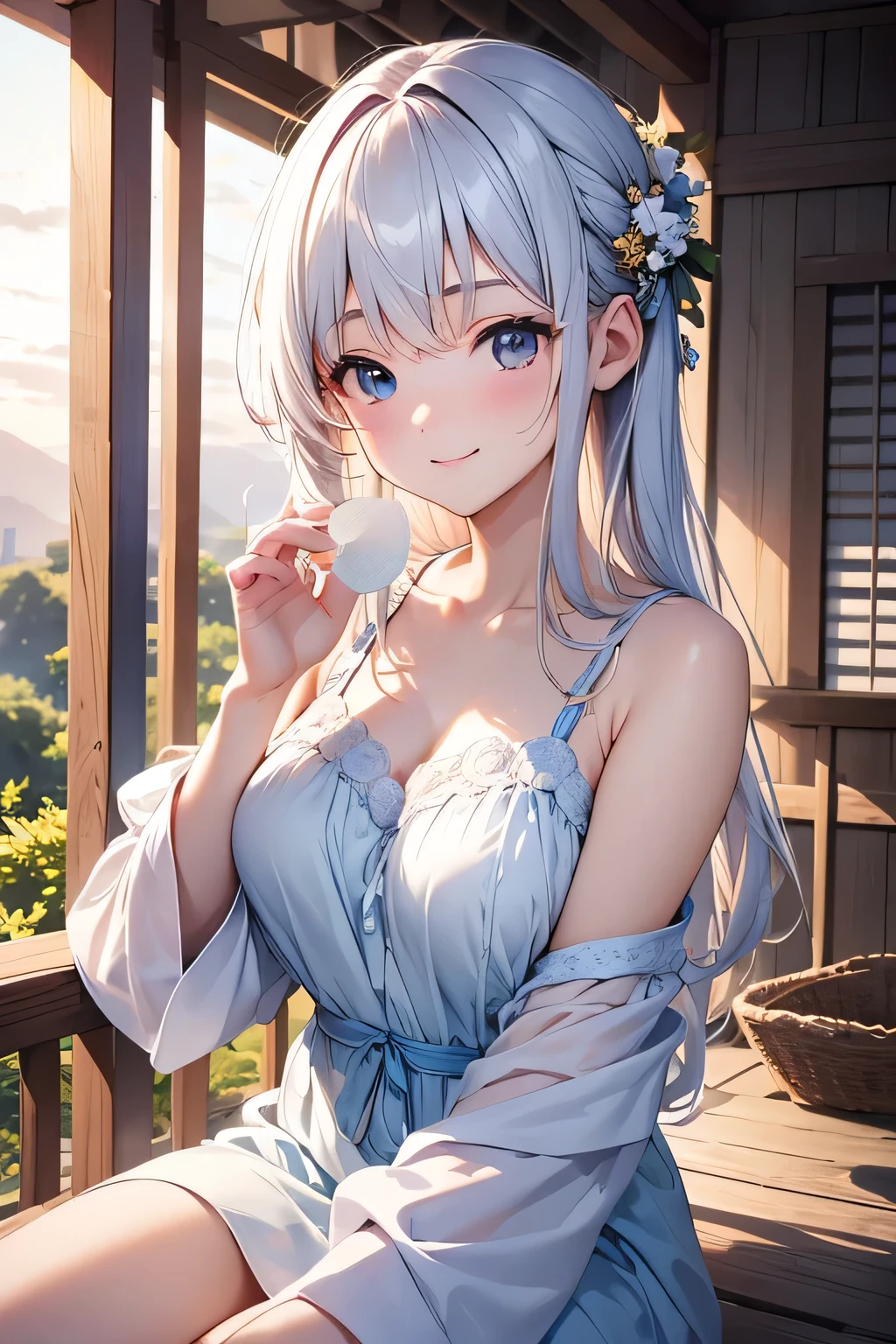 最high quality、best image quality、masterpiece、girl((18-year-old、 By becoming、vest bust、medium bust,wide open breast tea、shining eyes, silver hair、long hair、thin,highest valley、white see-through dress、White short skirt、Wristband、smile、back view、cherry blossom hair ornament、emphasize the buttocks)),high quality、beautiful art、background((SakuraFubuki、Falling cherry blossoms、Cherry tree、beautiful park、square、Cherry Meadow、Wind、wood table、wood chair、black tea))、Flight、debris flies、Depth of written boundary、movie、visual art、perfect art、8K,genuine、