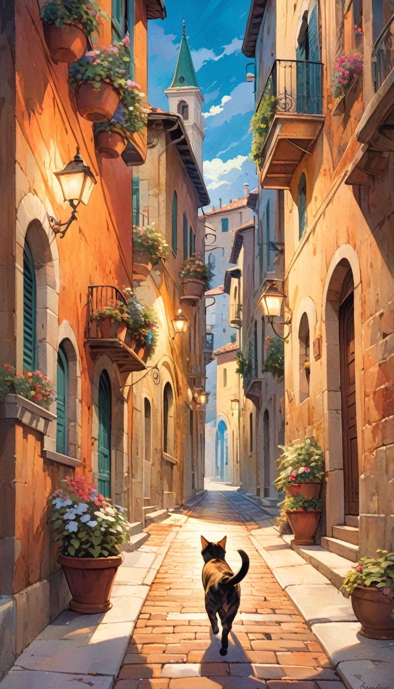 a cat runs through the streets of a typical charming Italian town (art inspired by Bill Sienkiewicz). oil painting)