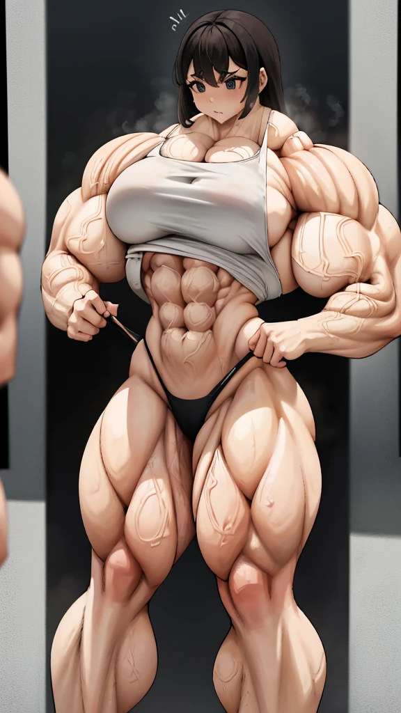 Woman in black bikini and small man in white shirt, weak and small man, thin and small physique, Very beauthful. , ,weak and defenseless man, small physique, , muscular ultraviolent woman, muscular and scary, absurdly huge physique, big muscles, extremely muscular woman, lifting on the pe, raising the leg , leg up,