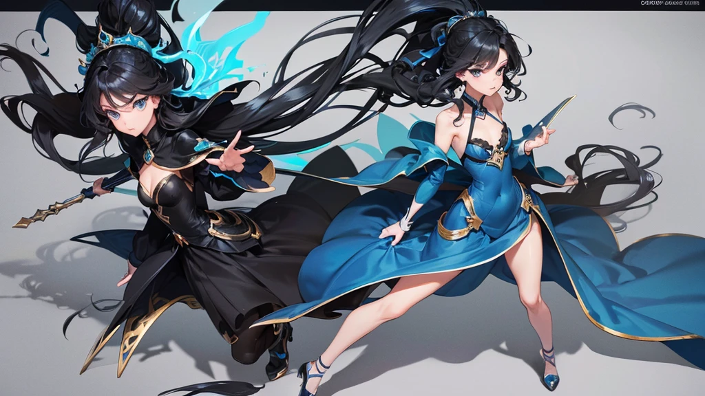 4k ultra high quality, human woman, sharp blue eyes, round face, small slightly upturned nose, curious expression, very long curly blue-black hair, wearing modest blue dress, black high heel shoes, standing