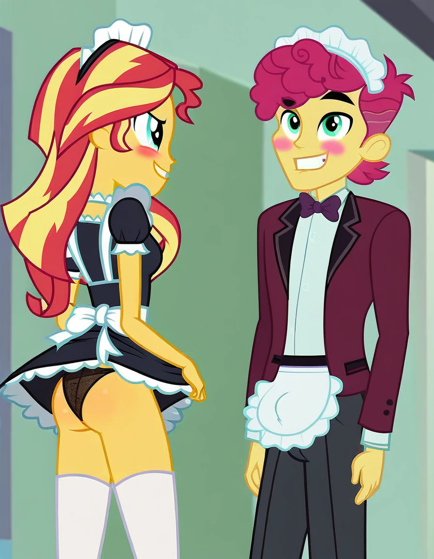 upskirt, duo focus, equestria girls, blushing, sunset shimmer, bra, underwear, grin, evil smile, erection, smiling, butt, clothes, maid, black panties, underwear, sunbutt, show accurate, vector, male pov, tenting, crotch big bulge, big erection in pants, offscreen male character