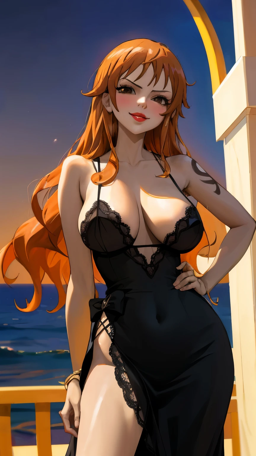 masterpiece, best quality, ultra-detailed, 1girl (namiop, Big and pretty breasts, , dark skin, blonde hair, long hair, brown eyes), a seductive face, smirk, parted lips, mascara, full makeup, black eyeshadow, red lipstick, solo, black evening dress, see-through,lace dress, long dress, cleavage, bows, wanostyle, night time, sea,ship, standing, Sexy waist teasing, a provocative pose,