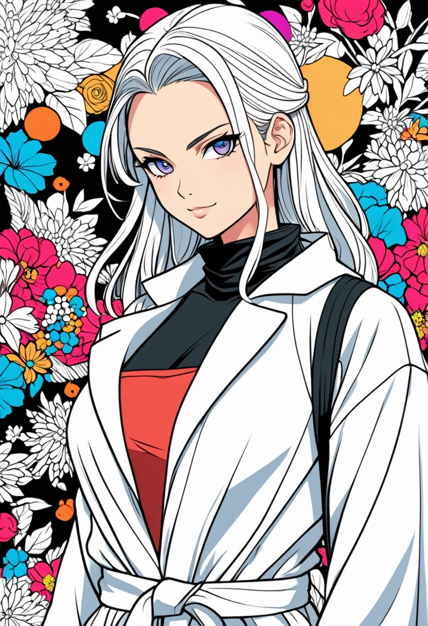 create a 1 girl, body hair, (eye white), roupa akatsuki, ninja, layer, labcoat, high collar, clavicle, Head, plein-air, parte do coque de body hair, body hair, body hair longo, 2d render style, no back ground, line art to color, cool coloring pages, coloring book art, coloring book page style vector lines, 8K