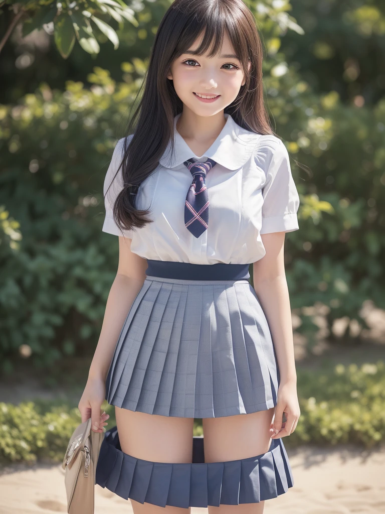 kawaii, (round eyes:1.2), (highly detailed face and eyes), (big smile),  Amazing face and eyes, (school uniform, pleated mini skirt:1.3), (Best Quality:1.4), (Ultra-detailed), (extremely detailed CG unified 8k wallpaper), Highly detailed, High-definition raw color photos, Professional Photography, Realistic portrait, summer, (beach), (fine face:1.2),