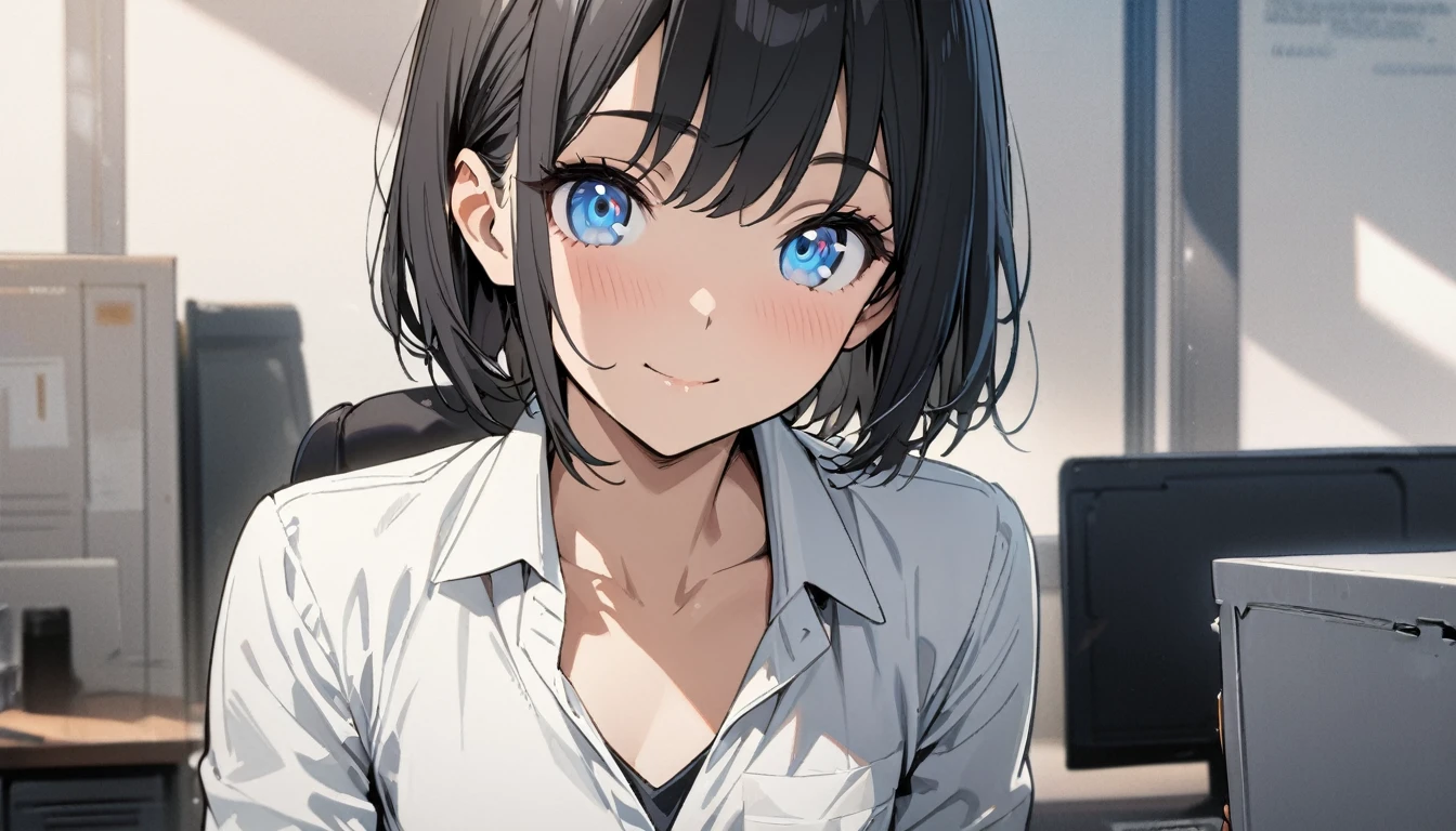 1girl, solo, gentle smile on her face flat chest, short hair, blue eyes, (detailed eyes), black hair, upper body, ((masterpiece, illustration, best quality)) ((best quality)), ((masterpiece)), (detailed), perfect face, Office lady, black hair, short hair, office suit, ultra high resolution, ultra high details