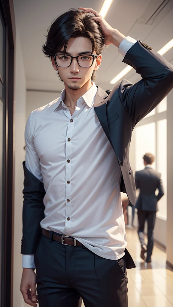 3DCG illustration、Ghibli style、A 27-year-old male employee in a suit reporting to his boss at work