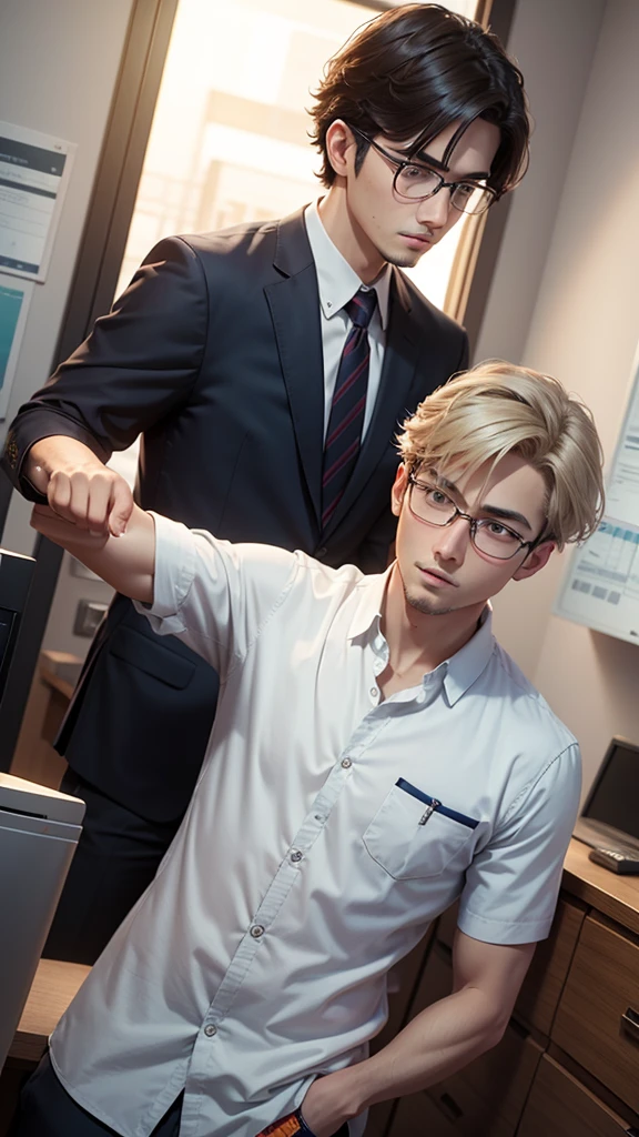 3DCG illustration、Ghibli style、A 27-year-old male employee in a suit reporting to his boss at work
