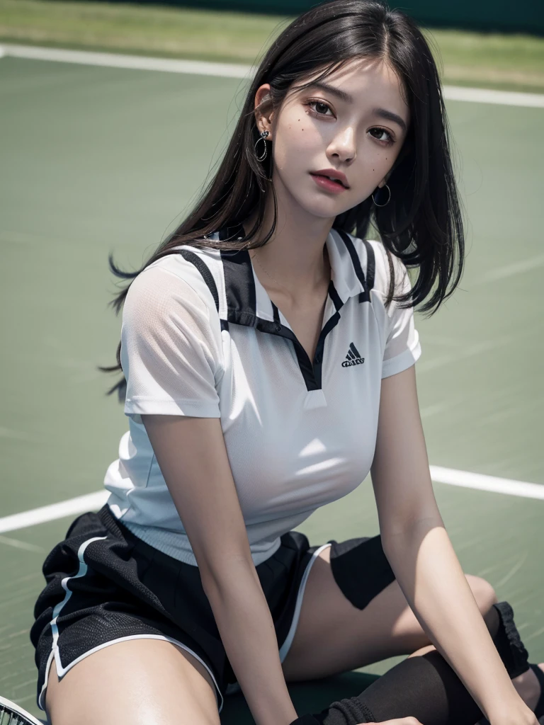 absurdres, RAW photo, extremely delicate and beautiful, masterpiece, Best Quality, ultra high resolution, 32k, hyperrealistic, ultra-detailed, in her 20s, delicate facial features, tearful mole, earring, huge breasts, full body shot, shorter middle hair, black hair, ((tennis uniform)), shirt, shorts,
