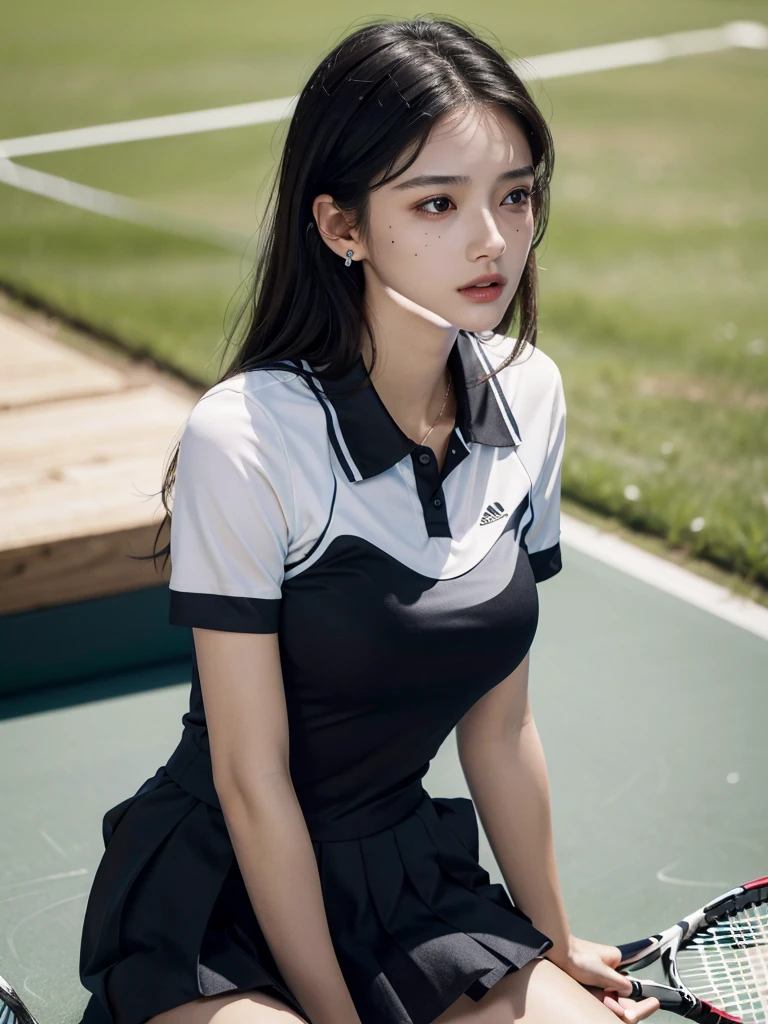 absurdres, RAW photo, extremely delicate and beautiful, masterpiece, Best Quality, ultra high resolution, 32k, hyperrealistic, ultra-detailed, in her 20s, delicate facial features, tearful mole, earring, huge breasts, full body shot, shorter middle hair, black hair, ((tennis uniform)), shirt, shorts,