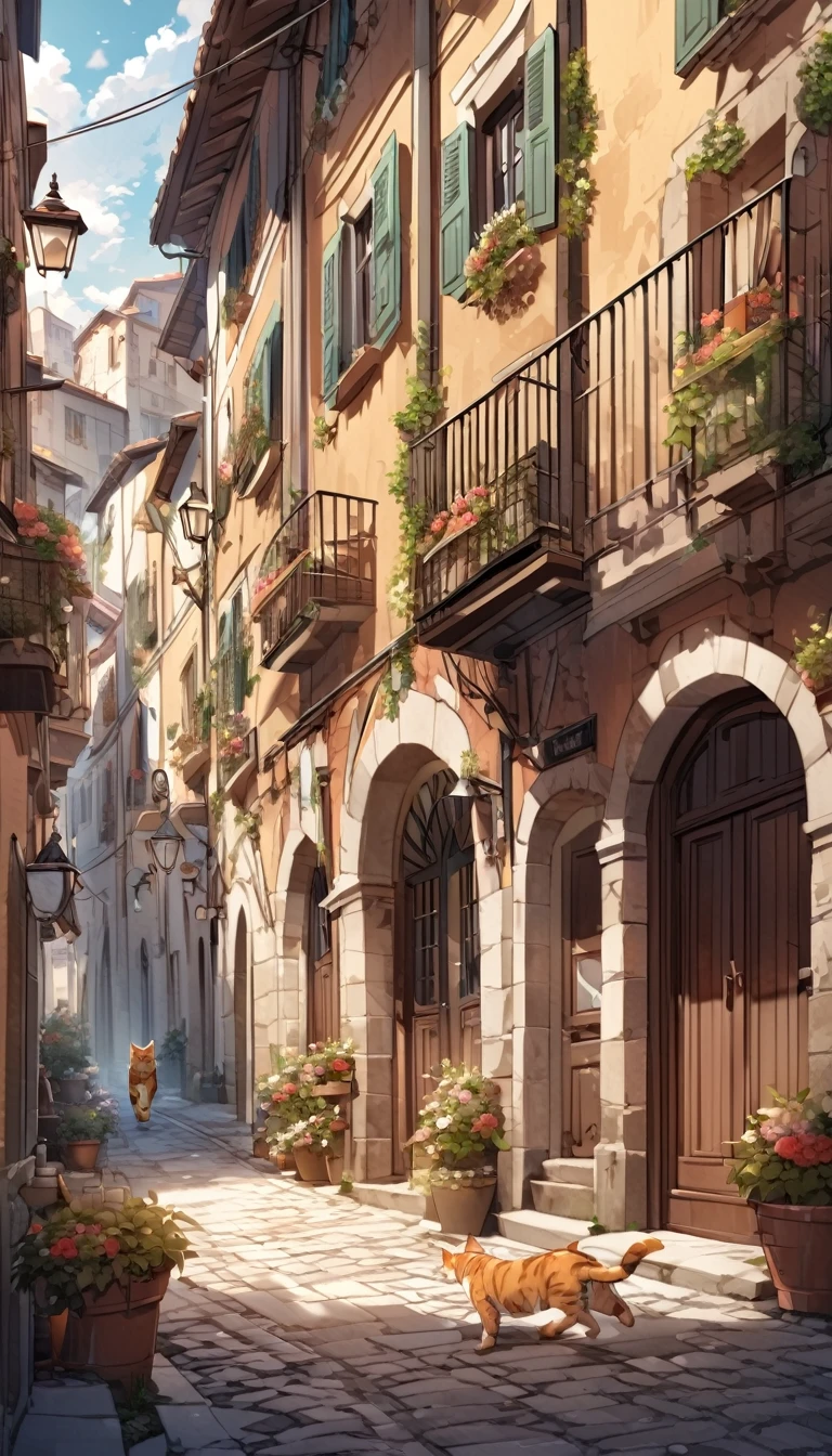 a cat runs through the streets of a typical charming Italian town