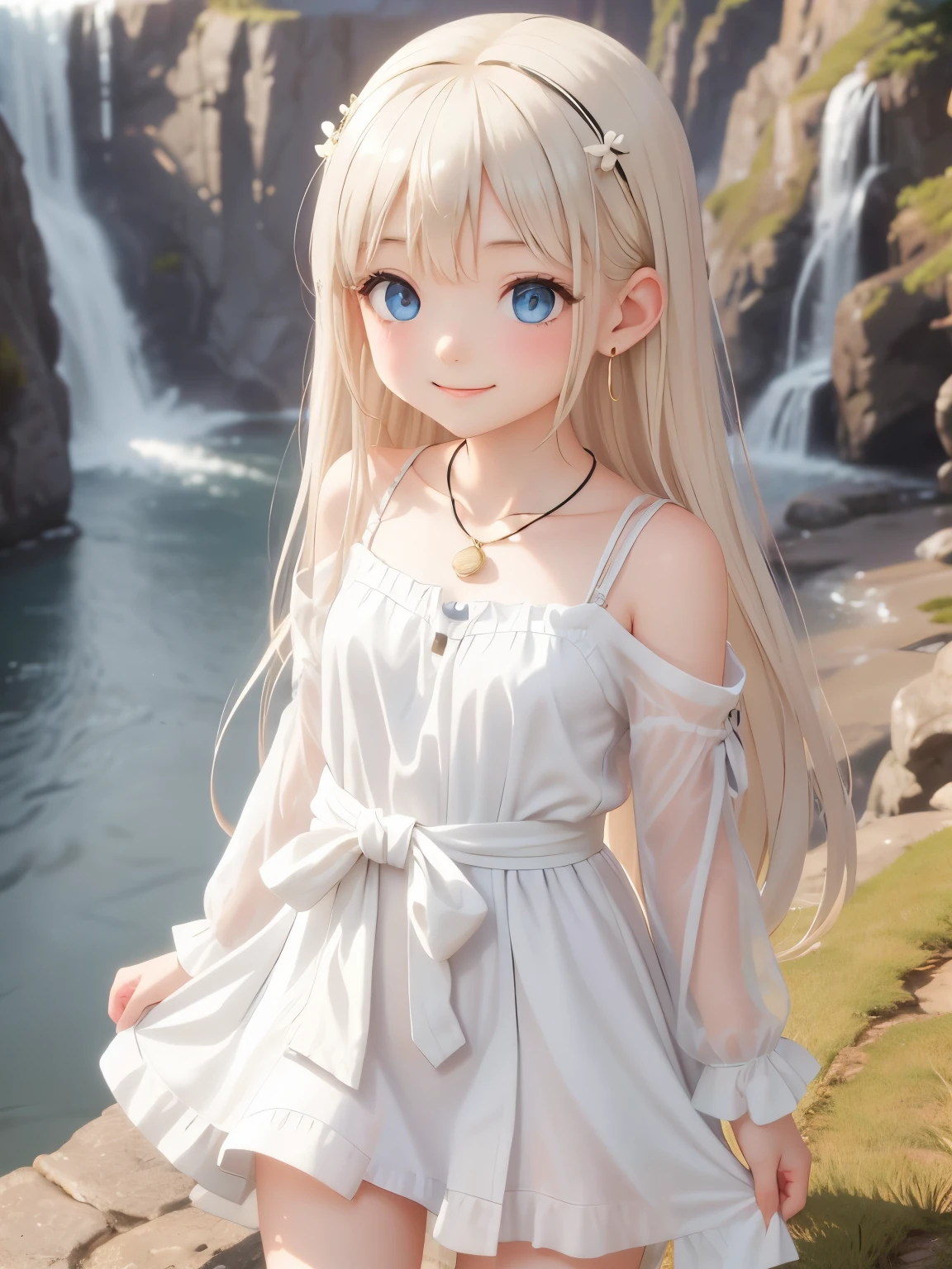 thin and soft hair、Dynamic、Earrings、necklace、Beautiful glowing white skin,、 bright, Refreshing and gentle look, Perfect beautiful pretty face, Shiny platinum blonde straight long hair reaching down to her waist, Beautiful shiny bangs, ((Very beautiful and beautiful4Year old girl)), eyeliner, so perfect and beautiful, Big clear sky blue eyes, bright eye highlights, 、Cute smile、Long eyelashes、Cute figure、Looking down on a young girl from above、high quality、24k、16k、quality、There is a big waterfall in the background、Light green dress、