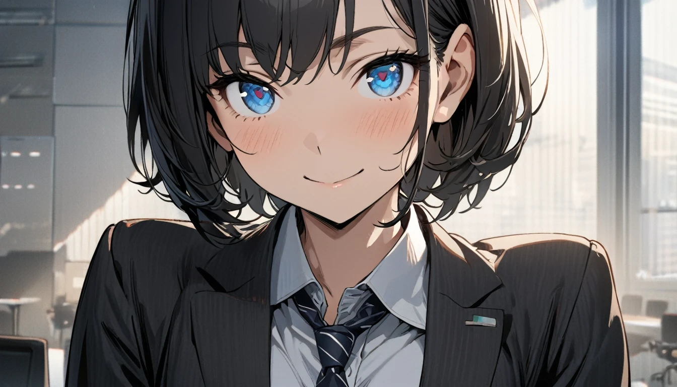 1girl, solo, gentle smile on her face flat chest, short hair, blue eyes, (detailed eyes), black hair, upper body, ((masterpiece, illustration, best quality)) ((best quality)), ((masterpiece)), (detailed), perfect face, Office lady, black hair, short hair, office suit, wearing a tie ultra high resolution, ultra high details