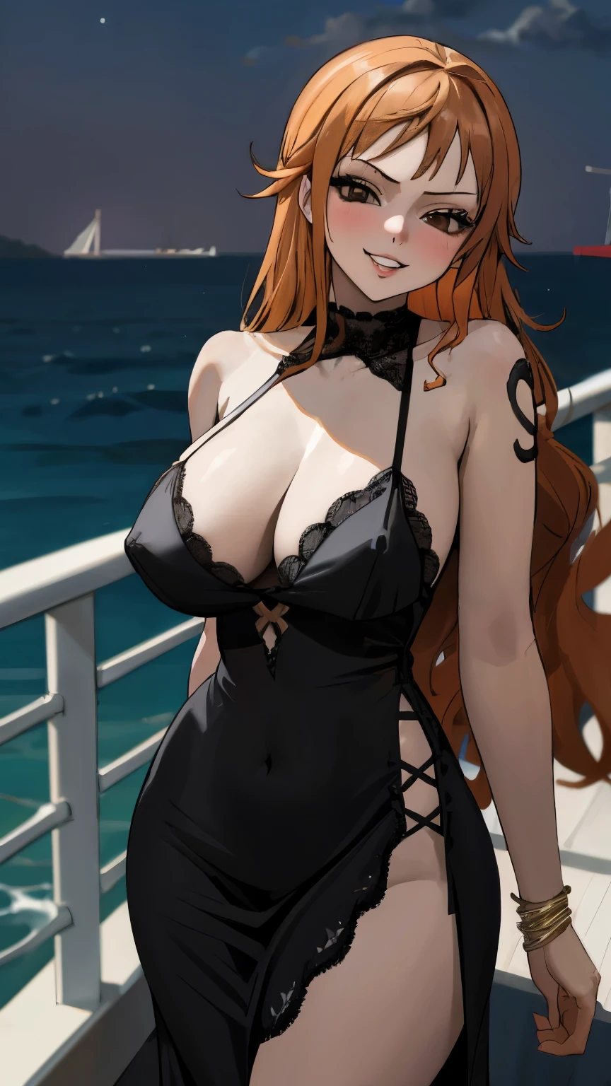 masterpiece, best quality, ultra-detailed, 1girl (namiop, Big and pretty breasts, , dark skin, blonde hair, long hair, brown eyes), a seductive face, smirk, parted lips, mascara, full makeup, black eyeshadow, glow lips, facing viewer, looking at viewer, solo, black evening dress, see-through,lace dress, long dress, cleavage, bows, wanostyle, night time, sea,ship, standing, Sexy waist teasing, a provocative pose,