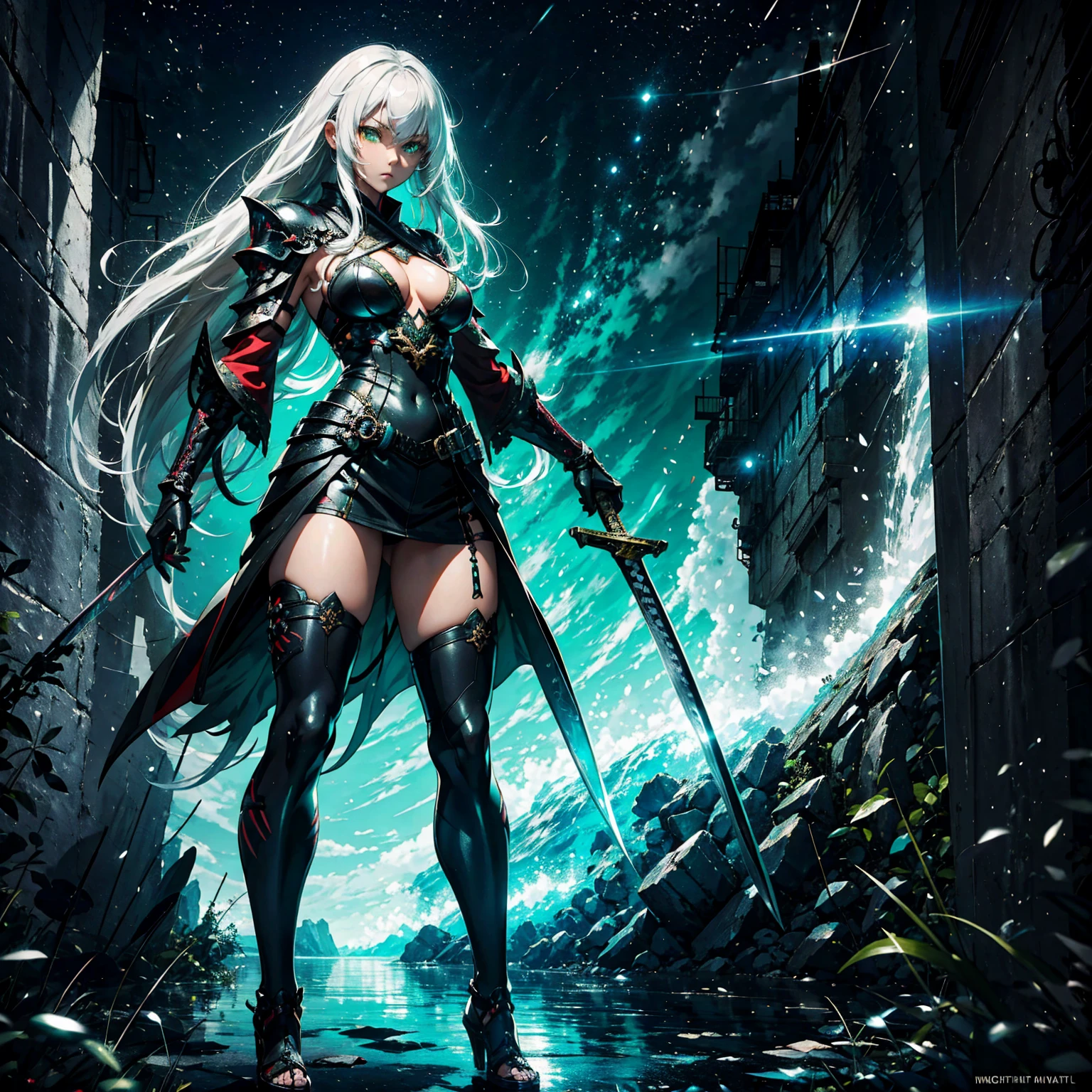 1girl!!! (solo), straight hair, long hair, light white hair, big breasts, small size, green eyes, very fair skin, serious face, sexy black tight kimono armor, deep neckline, blood on face, full body, night, dark cave, very sexy body, detailed face, highly detailed, 8k, best quality, masterpiece, vibrant colors, digital art, concept art