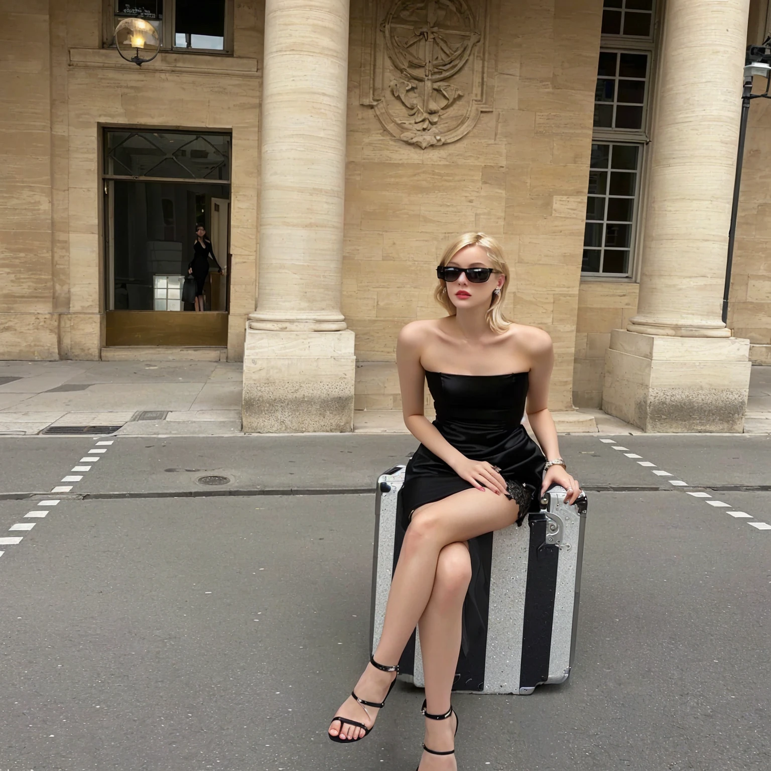 blonde woman sitting on a suitcase outside a building with a building in the background, in Paris, jia, sheath dress, Wearing a black dress, wearing a black camisole outfit, by Emma Andijewska, by Eva Frankfurther, elf eve, wearing black clothes, she is Wearing a black dress, christian dior style, 🤬 🤮 💕 🎀