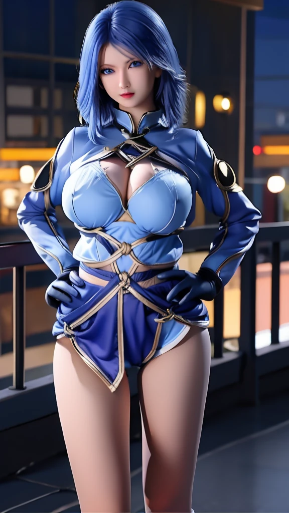 DLDL water ice tray, 1 girl, alone, blue hair, blue eyes,skirt,Single thigh high,thigh strap,long sleeves,Clothes tailoring, Capulet, Gloves, looking at the audience, city View, night, sensual female, hands on hips, Big breasts,big breasts,Show breasts,exposing her chest