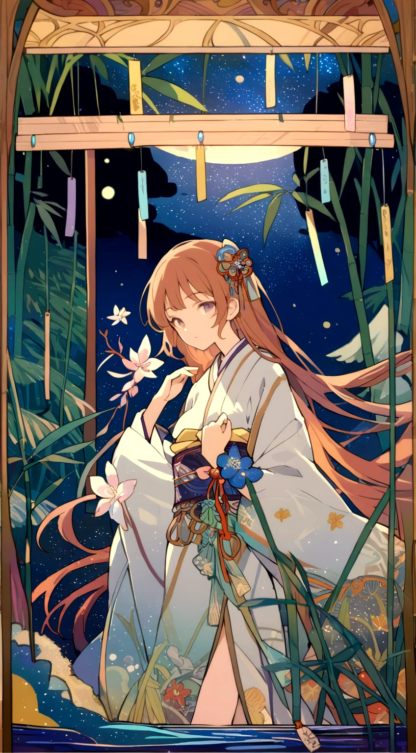 a detailed detailed intricately decorated wooden frame, a wooden frame with wind chimes hanging, background of starry night sky and river, ((Mucha style)), Tanabata, Orihime and Hikoboshi, kimono-style clothing, bamboo grass, night