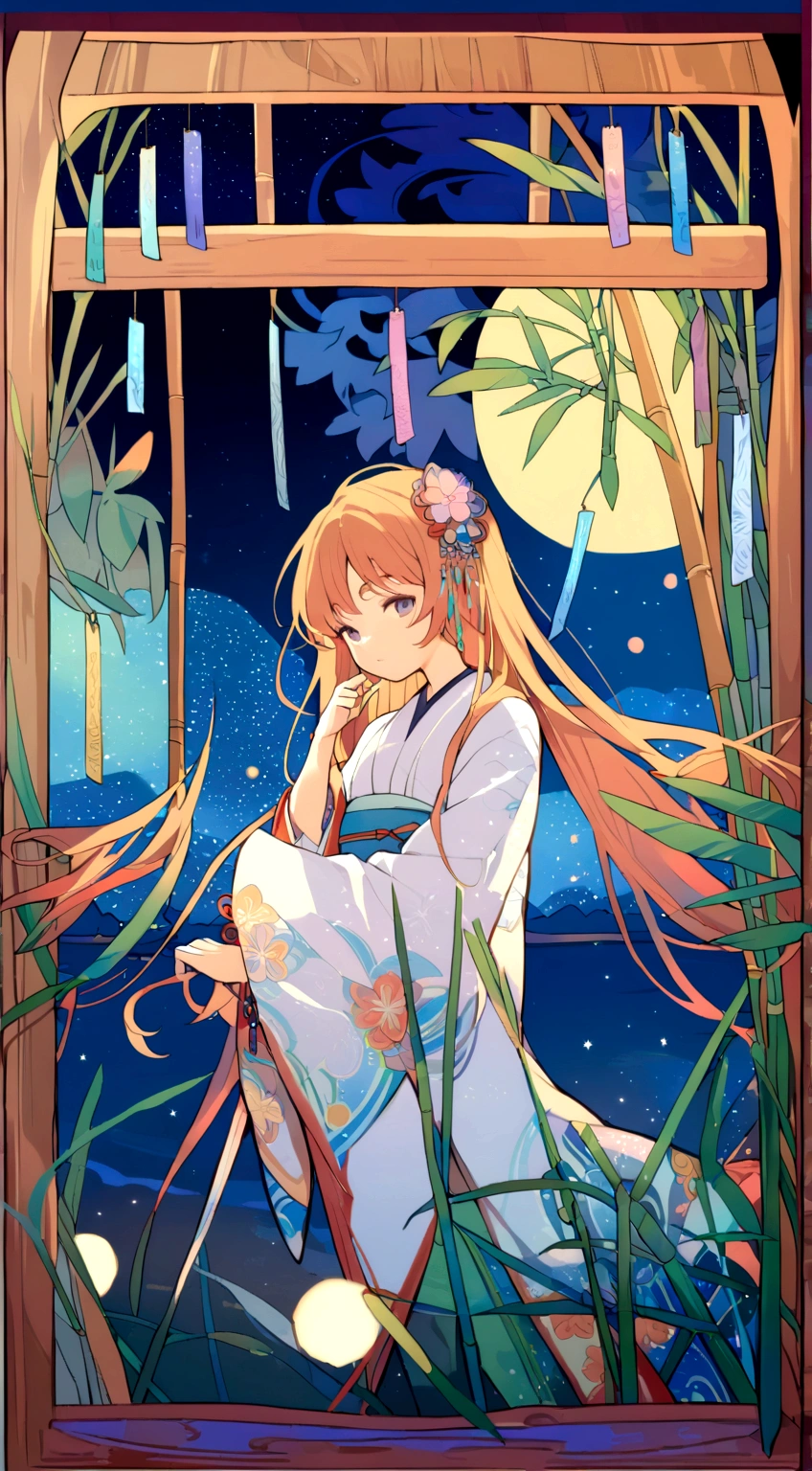 a detailed detailed intricately decorated wooden frame, a wooden frame with wind chimes hanging, background of starry night sky and river, ((Mucha style)), Tanabata, Orihime and Hikoboshi, kimono-style clothing, bamboo grass, night