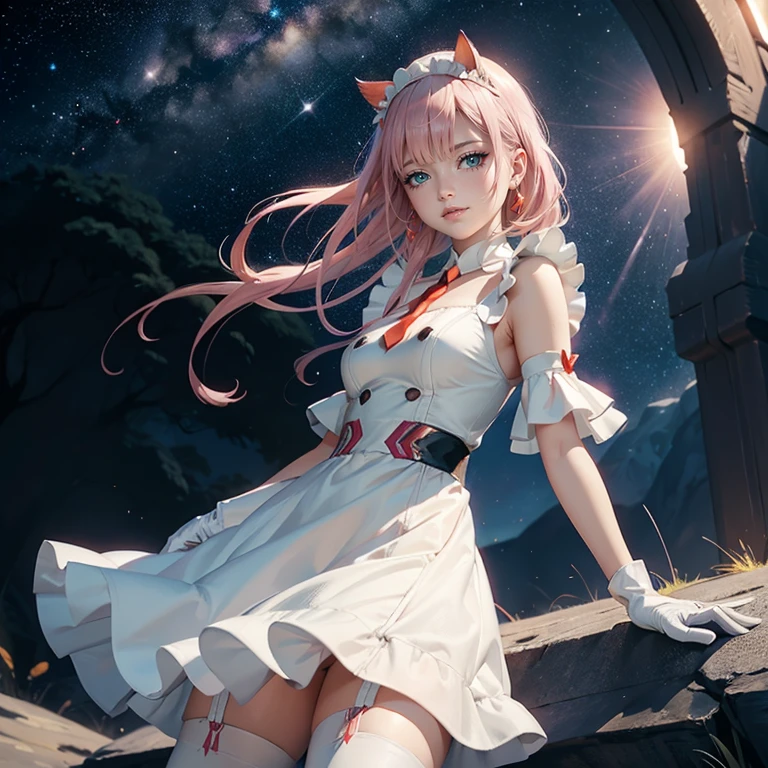 1girl, white maid dress, jewelry, pink hair, two red horns, flowing hair, long hair, maid dress with a short skirt and layers, white laces, white boots, white dress with transparency, gold details on her clothes, cat ears, animal ears,  more details, perfectly body, perfectly hands, two hands, two legs, two arms, five fingers, glowing hair, best quality, cat ears, animal ears, tail ornament, tail bow, white gloves, two cat tail, white gloves, alone, maid headdress, choker, detached sleeves, maid dress, maid white dress, strapless, masterpeice, best quality, detailed face, night, asymmetrical gloves, bangs, white short skirt , white gloves, white boots, earrings, elbow gloves, fishnet thighhighs, fishmasterpeice, solo, best quality, detailed face, gloves, hair between eyes, jewelry, long hair, looking at viewer, single earring, sky, sleeveless, solo, thigh boots, thighhighs, tongue, tongue out, uneven gloves, cat ears, animal ears, cat tail, , solo, alone, Looking at the viewer, More details on the clothes, magenta roses on her hair, space scenery, maid, maid dress, magenta details, magenta roses, maid headdress, maid apron, wave hair, long hair, seat on the Saturn rings, bats details on her clothes, more details on her clothes, gold details on her clothes, space, smiling, standing her hand to a viewer, looking at the viewer, in the background a several asteroids glowing with fiery auras, Dramatic lighting from distant stars and planets illuminates the scene, looking at the vast and mysterious universe, cowboy shot, upper body portrait, more details, sparkle,