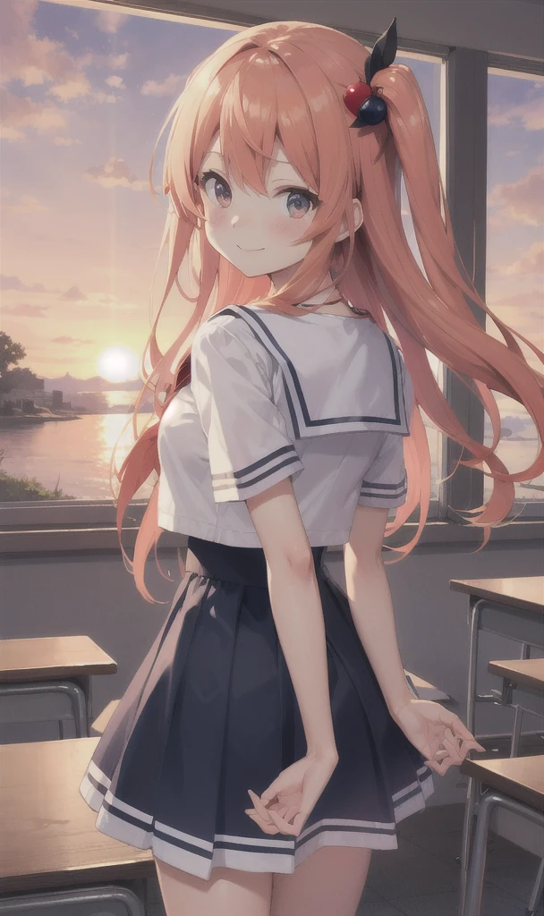 elena shimabara (million live), long hair, (best quality, 8K, masterpiece, ultra detailed:1.2)
light particles, wide shot, standing, sunset, orange sky, dappled sunlight, gradient background, gradient sky, classroom, indoors, wind, floating hair, 
1girl, solo, smile, blush, serafuku, hair ornament, necklace, head tilt, arms behind back,