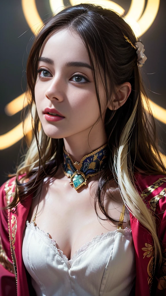 Hyperrealist portrait of female by david hockney and alphonse mucha,fantasy art, photo realistic, dynamic lighting, artstation, poster, volumetric lighting, very detailed faces, 4 k, award winning,, 1girl, in the dark, deep shadow, low key,cowboy shot,(official clothing:1.4) ,long hair,white hair,