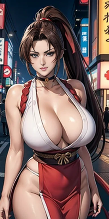 red dress, sleeveless, japanese clothes, ((Mai Shiranui:1.2)), Cyberpunk, bare shoulders, brown hair, brown eyes, long high ponytail, hair tie, makeup, 1 girl, sleeve, 25yo, Japanese mature female, beautiful finger, beautiful long legs, beautiful body, beautiful nose, beautiful character design, perfect eyes, perfect face, jewelry, hands on chest, see-through, looking at viewer, hair ornament,  choker, shy, king of fighters,
(masterpiece, top quality, best quality, official art, beautiful and aesthetic: 1.2), (1 girl), extremely detailed, colorful, more detailed,
(large breasts:1.2,) upper body, bottom, cameltoe, white panties, floating skirt,
Cyberpunk Little Tokyo district, bustling with neon signs, night, Japanese Culture, Japanese Art