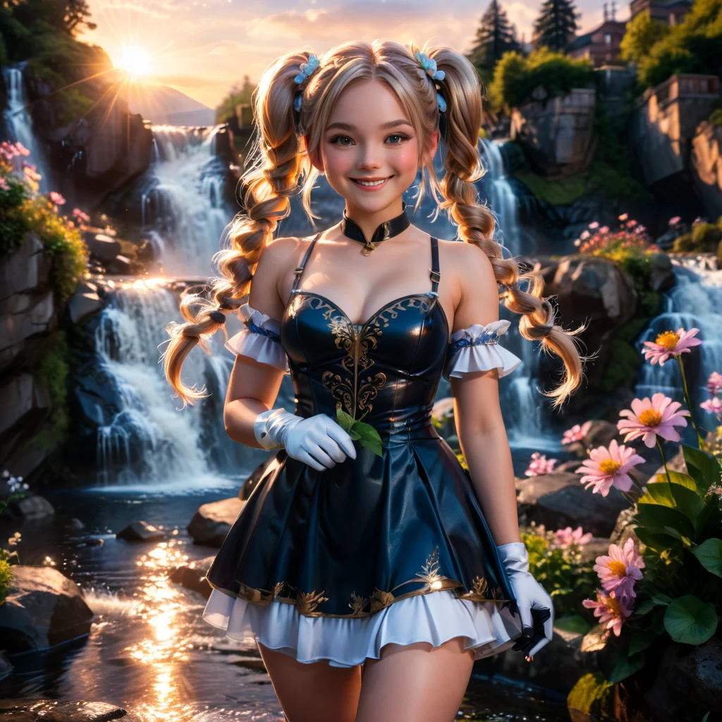 a lady,double pigtails,smile,dress,gloves,perfect ,standing,innocent,flower,waterfall,sunset,cinematic lighting,(masterpiece,8k,Professional,perfect composition,very aesthetic,absurdres,ultra-detailed,intricate details:1.4),perfect proportion