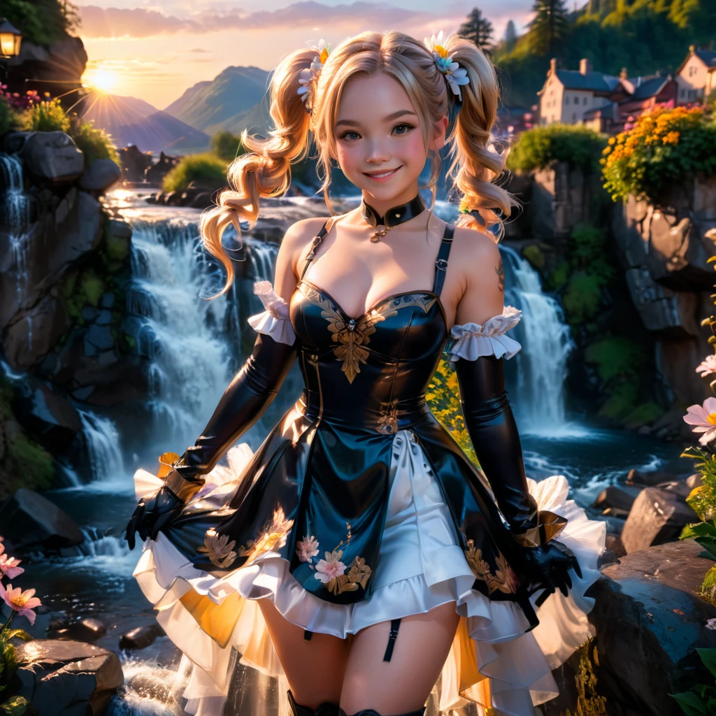 a lady,double pigtails,smile,dress,gloves,perfect ,standing,innocent,flower,waterfall,sunset,cinematic lighting,(masterpiece,8k,Professional,perfect composition,very aesthetic,absurdres,ultra-detailed,intricate details:1.4),perfect proportion