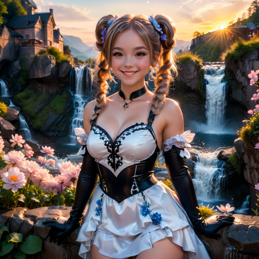 a lady,double pigtails,smile,dress,gloves,perfect ,standing,innocent,flower,waterfall,sunset,cinematic lighting,(masterpiece,8k,Professional,perfect composition,very aesthetic,absurdres,ultra-detailed,intricate details:1.4),perfect proportion
