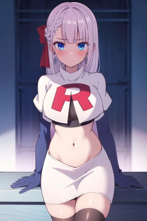 riselia,1girl,solo,braid,earrings,looking at viewer,blue eyes,bangs,ribbon,red ribbon,braided bangs,blush,team rocket,team rocket uniform,white skirt,red letter R,crop top,black thigh-highs,black elbow gloves