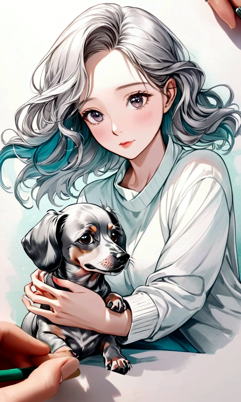 A hand-drawn illustration of a beautiful woman in light clothing playing with a silver dapple miniature dachshund, passion color