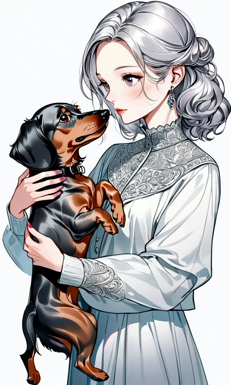 A hand-drawn illustration of a beautiful woman in light clothing playing with a silver dapple miniature dachshund, passion color