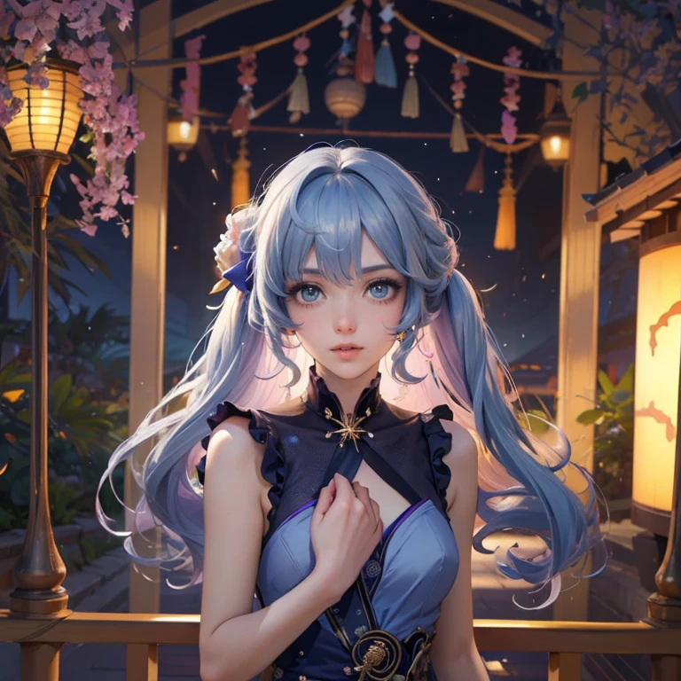 Robin_(Honkai star rail), ornament hair, perfectly body, perfectly hands, twintails, wave hair, light blue hair, long hair, maid, maid dress, maid headdress, maid apron, garden, temple, shrine, outside, Chinese festival scenery, gold lantern, Chinese lantern, fireworks, black dress, more details on her clothes, black dress, golden details, smiling, ((4k, masterpiece, top-quality)),8k, best quality, high resolution, HD, (illustration:0.8), super cute girl, delicate and beautiful face, 1girl, solo, mature girl, super cute hairstyle, (beautiful detailed eyes:1.6), extremely detailed face, perfect lighting, extremely detailed CG, (perfect hands, perfect anatomy), Best quality, cleavage, skirt, full Body,