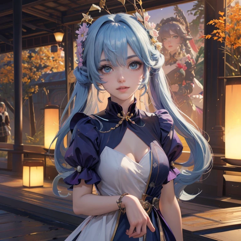 Robin_(Honkai star rail), ornament hair, perfectly body, perfectly hands, twintails, wave hair, light blue hair, long hair, maid, maid dress, maid headdress, maid apron, garden, temple, shrine, outside, Chinese festival scenery, gold lantern, Chinese lantern, fireworks, black dress, more details on her clothes, black dress, golden details, smiling, ((4k, masterpiece, top-quality)),8k, best quality, high resolution, HD, (illustration:0.8), super cute girl, delicate and beautiful face, 1girl, solo, mature girl, super cute hairstyle, (beautiful detailed eyes:1.6), extremely detailed face, perfect lighting, extremely detailed CG, (perfect hands, perfect anatomy), Best quality, cleavage, skirt, full Body,