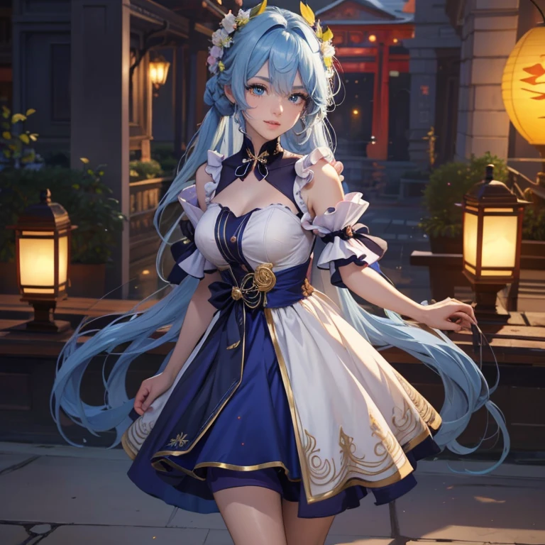 Robin_(Honkai star rail), ornament hair, perfectly body, perfectly hands, twintails, wave hair, light blue hair, long hair, maid, maid dress, maid headdress, maid apron, garden, temple, shrine, outside, Chinese festival scenery, gold lantern, Chinese lantern, fireworks, black dress, more details on her clothes, black dress, golden details, smiling, ((4k, masterpiece, top-quality)),8k, best quality, high resolution, HD, (illustration:0.8), super cute girl, delicate and beautiful face, 1girl, solo, mature girl, super cute hairstyle, (beautiful detailed eyes:1.6), extremely detailed face, perfect lighting, extremely detailed CG, (perfect hands, perfect anatomy), Best quality, cleavage, skirt, full Body,