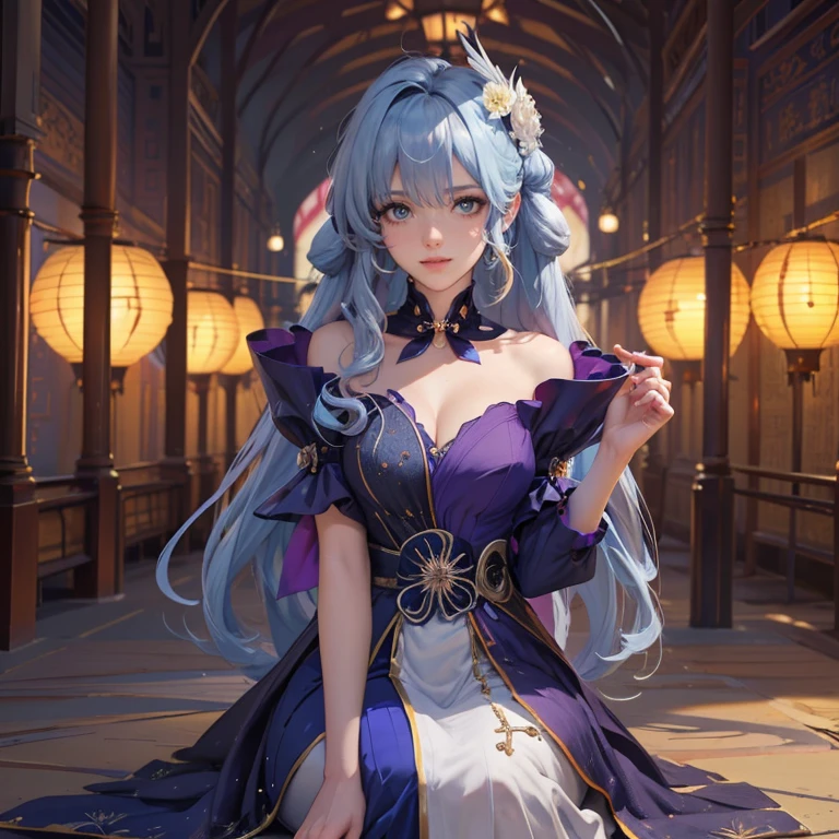 Robin_(Honkai star rail), ornament hair, perfectly body, perfectly hands, twintails, wave hair, light blue hair, long hair, maid, maid dress, maid headdress, maid apron, garden, temple, shrine, outside, Chinese festival scenery, gold lantern, Chinese lantern, fireworks, black dress, more details on her clothes, black dress, golden details, smiling, ((4k, masterpiece, top-quality)),8k, best quality, high resolution, HD, (illustration:0.8), super cute girl, delicate and beautiful face, 1girl, solo, mature girl, super cute hairstyle, (beautiful detailed eyes:1.6), extremely detailed face, perfect lighting, extremely detailed CG, (perfect hands, perfect anatomy), Best quality, cleavage, skirt, full Body,