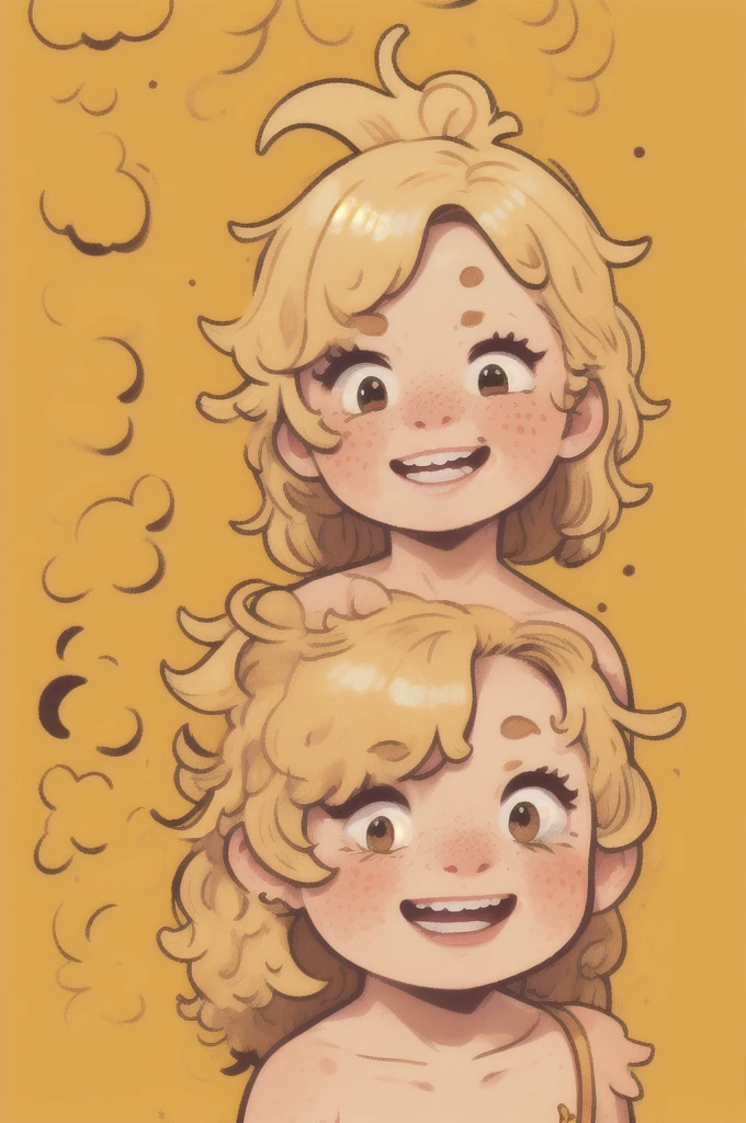 (blonde hair:1.2), smile,
upper body, freckles, blush, messy hair, simple background,