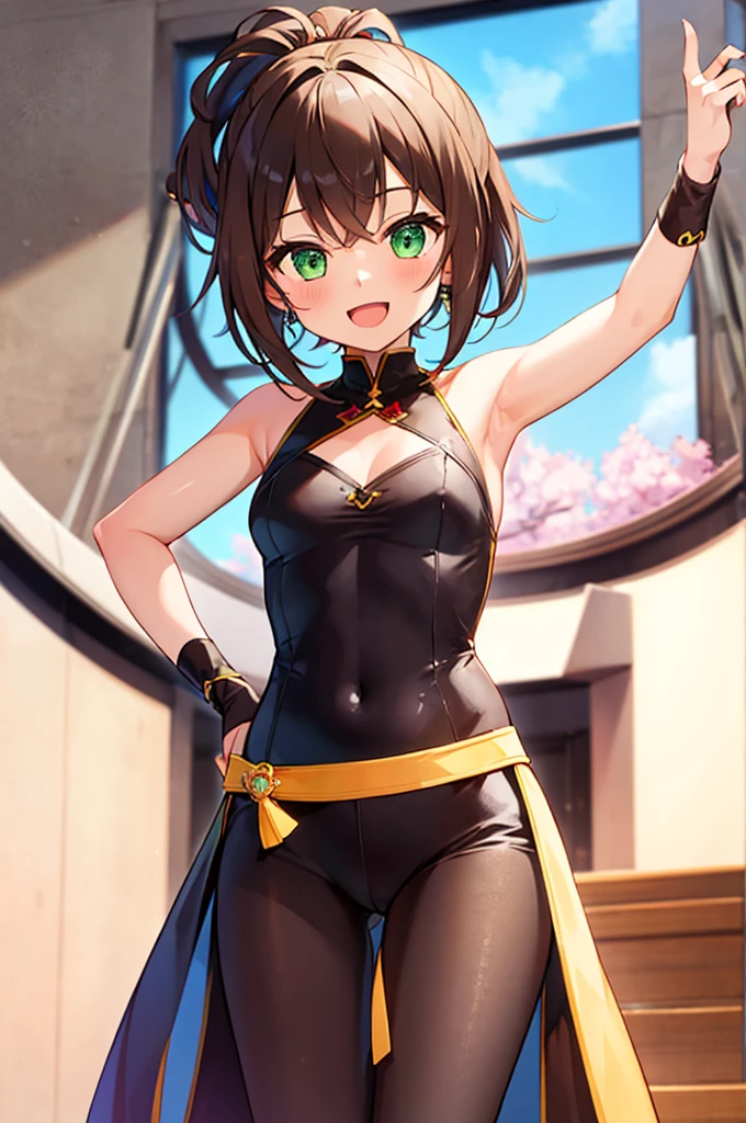1 girl、solo、Dark Brown Hair、{{short hair、Idol Costumeasterpiece)、Ponytail hairstyle、{{tsurime}}、{smile、Open your mouth、Small breasts}、Green eyes、Athletic build