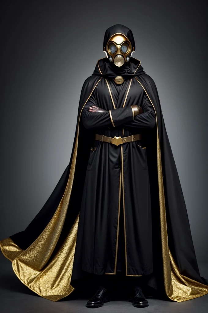 Create a man who has a robe with a dark colored cape and gold edges., an old-fashioned gas mask that covers your entire face, with your arms crossed forming an X at chest height and looking mysterious, with black gloves
