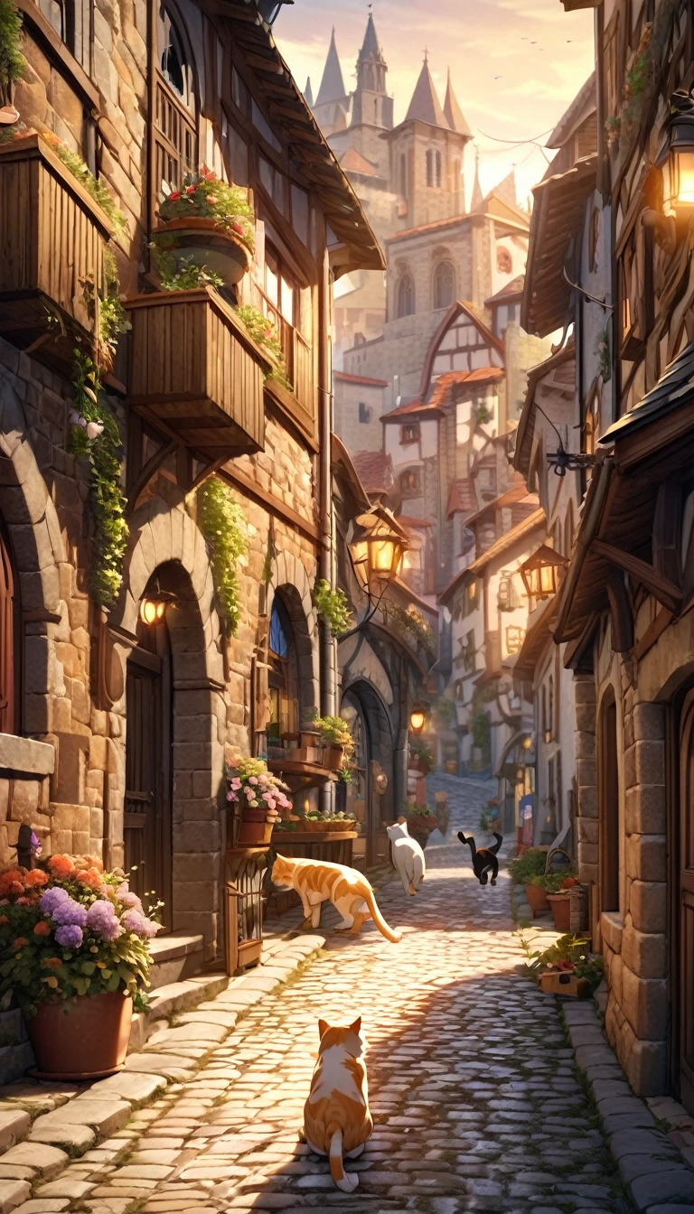a cat running through the streets of a charming Italian town,,sharp focus,physically-based rendering,extreme detail description,professional,vivid colors,bokeh,street scene,medieval architecture,cobblestone roads,colorful buildings,laundry hanging from windows,potted plants,cats,warm lighting,golden hour,picturesque,cinematic,landscape,photography
