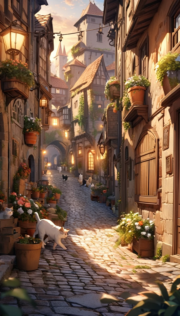 a cat running through the streets of a charming Italian town,,sharp focus,physically-based rendering,extreme detail description,professional,vivid colors,bokeh,street scene,medieval architecture,cobblestone roads,colorful buildings,laundry hanging from windows,potted plants,cats,warm lighting,golden hour,picturesque,cinematic,landscape,photography