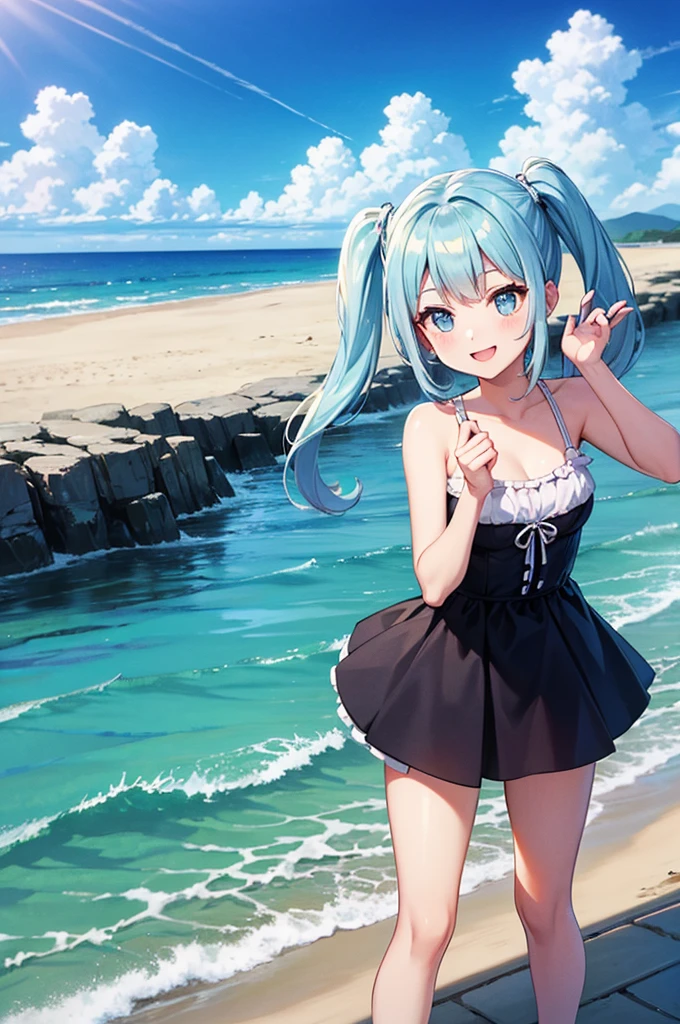 Light blue long hair、Beautiful girl with twin tails、Driving a white Porsche along the beach、Splash Art、blue sky、White cloud、Bright smile、Seaside scenery