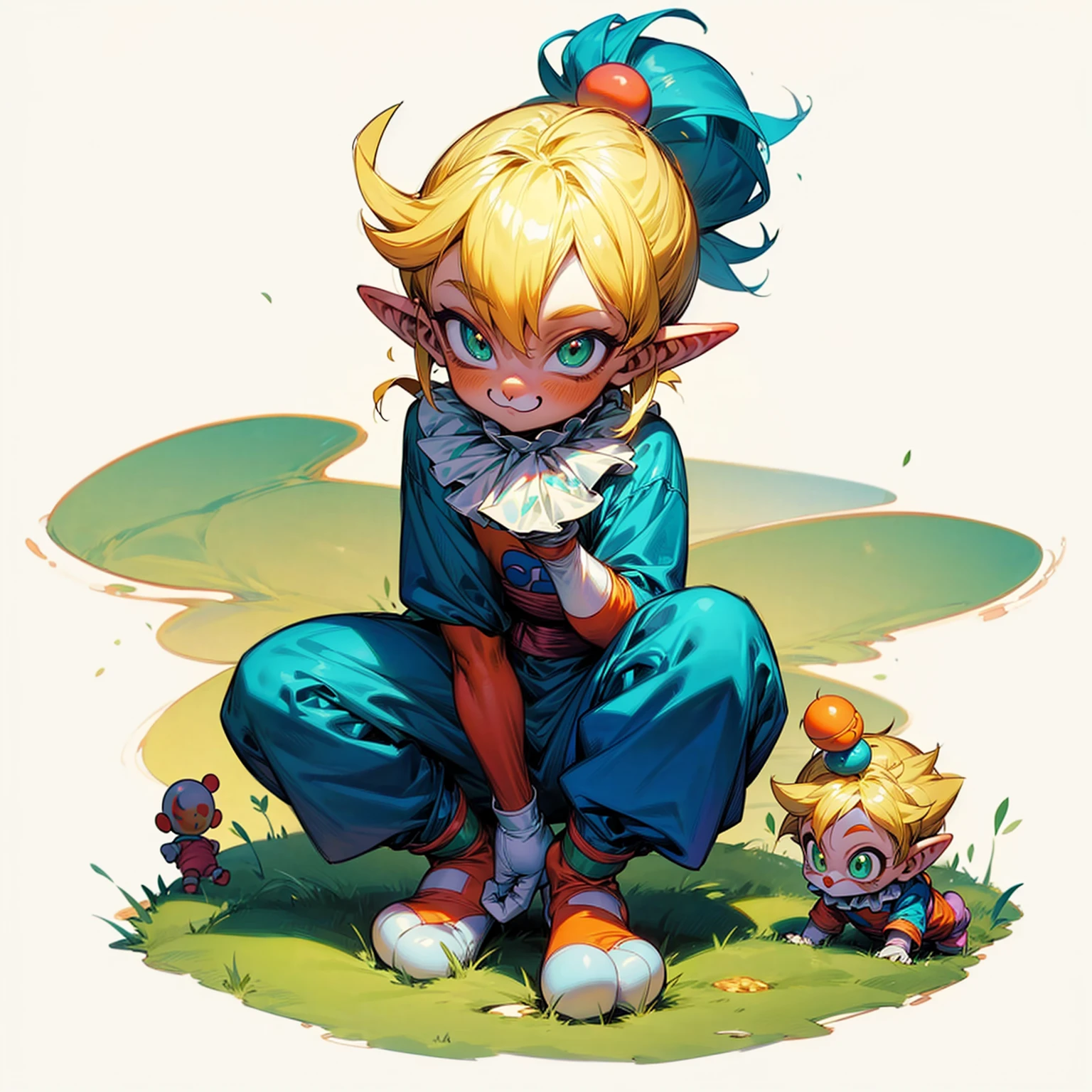 Ultra detailed, full background, Full body version, motion blur, plasma, lens blur, overlay color, overlay blending, lighten blending, chromatic aberration, hd, ultra hd, (dragon ball style), , makeup clown, gold color hair, green eyes